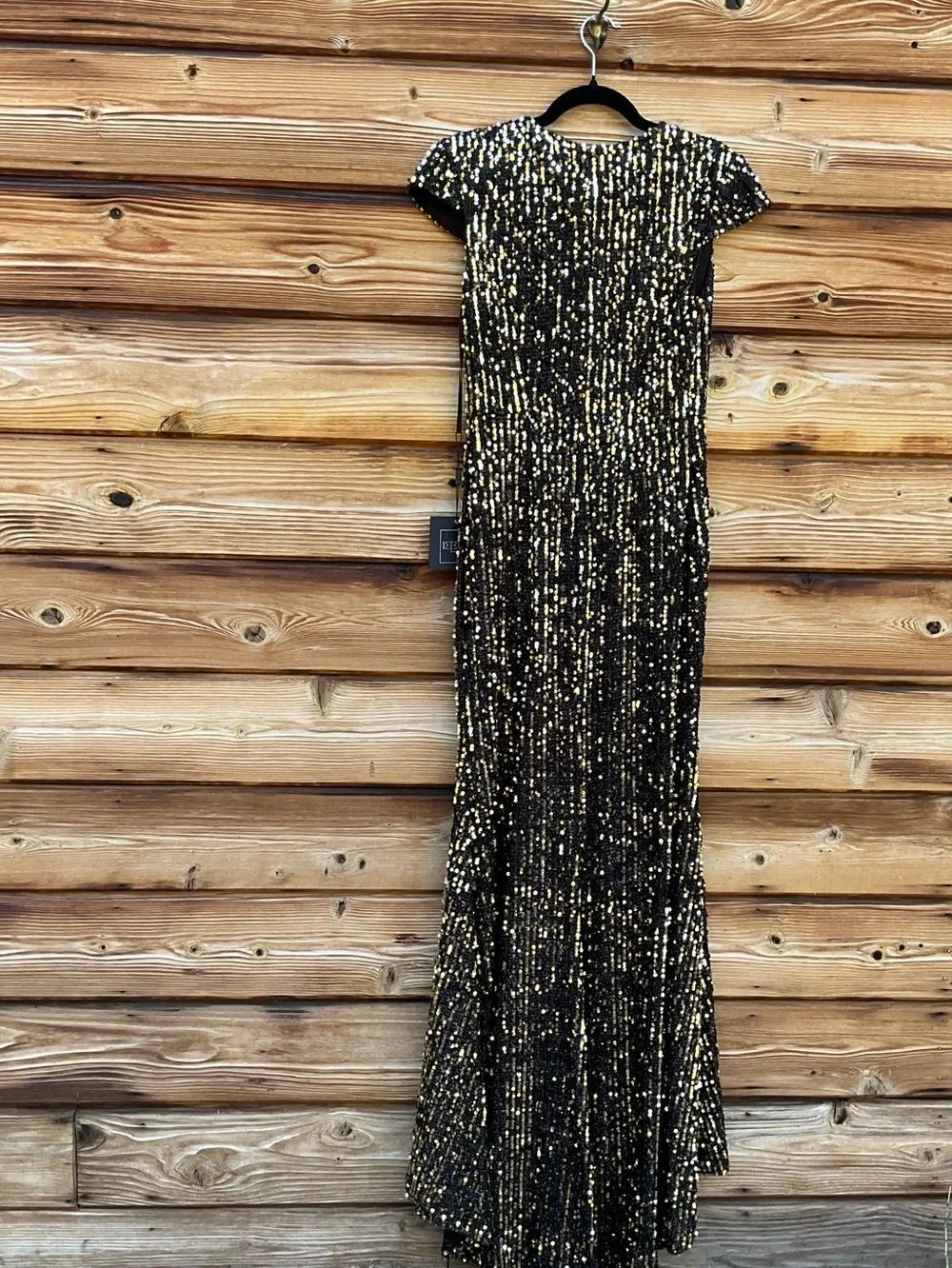 Mac Duggal Black Gold Sequin Cap Sleeve Gown Dress Size 4 - Picture 11 of 14